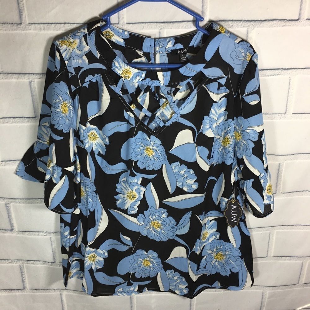 As U Wish Black Blue Floral Top Ruffle Blouse SZ L - Picture 6 of 8